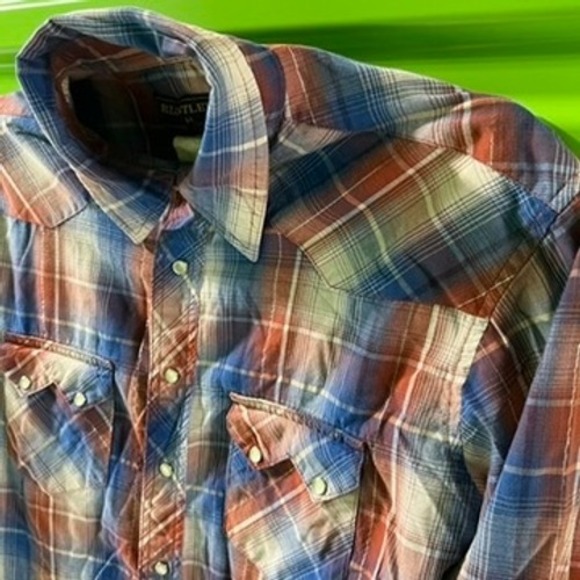 Rustler Wrangler Mens Plaid Western Pearl Snap Shirt Blue Orange Metallic Medium - Picture 3 of 13